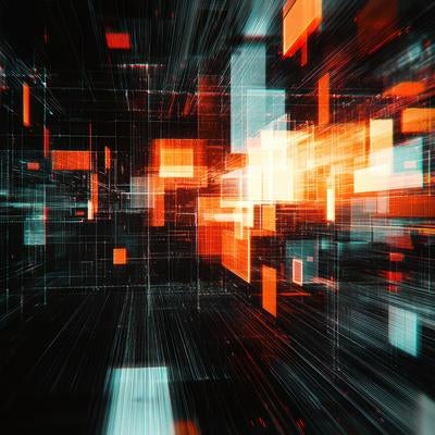 放射状に広がる光の軌跡とデジタルブロックが作るサイバー空間風アートの写真