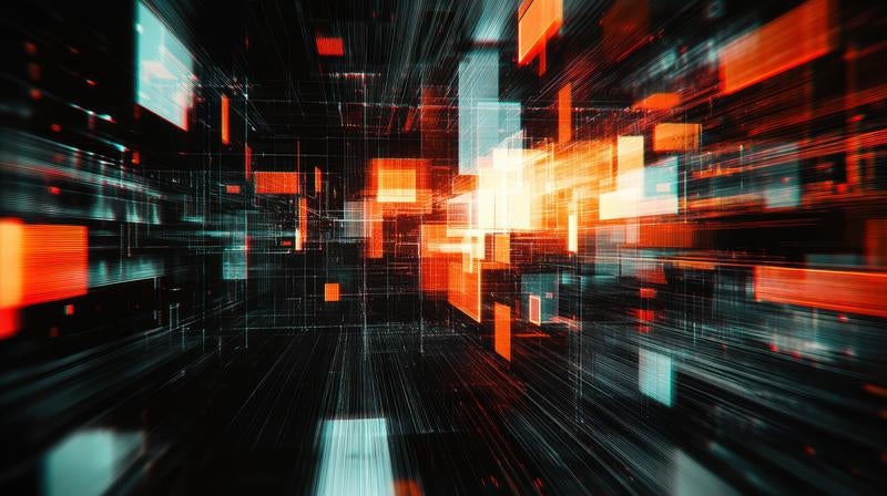 放射状に広がる光の軌跡とデジタルブロックが作るサイバー空間風アートの写真