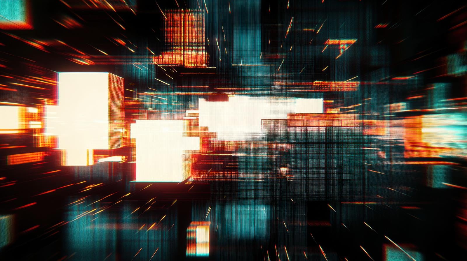 デジタル空間風の発光する立体ブロックと光線エフェクトの抽象的な表現