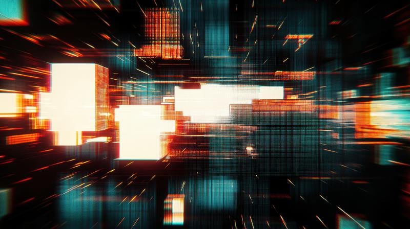 サイバー空間風の光る立体ブロックとエフェクトの写真