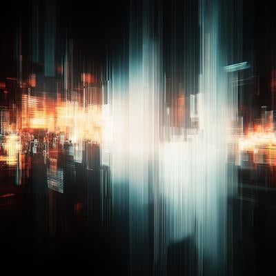 仮想現実風の抽象的なデジタル空間に浮かぶ光の粒子の写真