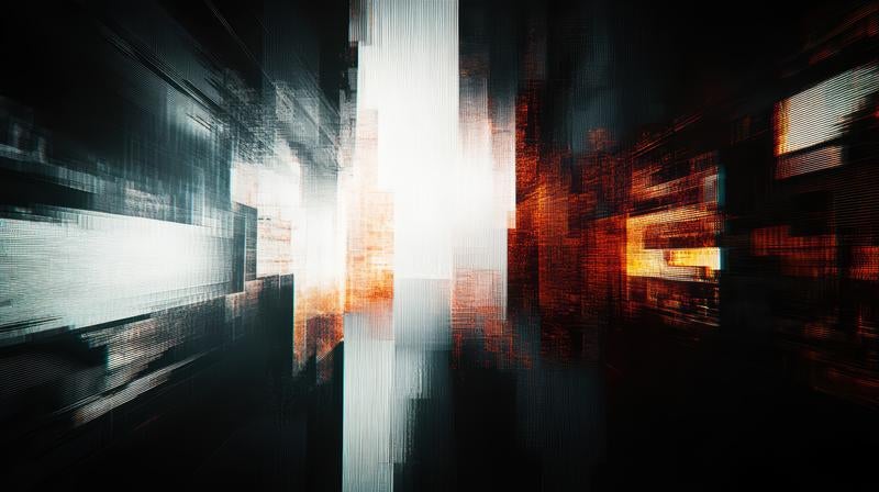 オレンジと青の光が交差するモーションブラー風デジタルエフェクトの写真