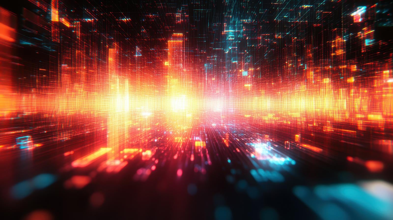 中心から放射状に広がる光の筋と粒子で構成されたデジタル空間風の抽象背景