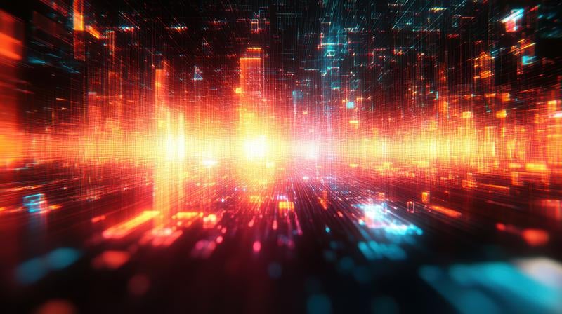 中心から広がる光の筋と粒子のデジタル空間の写真