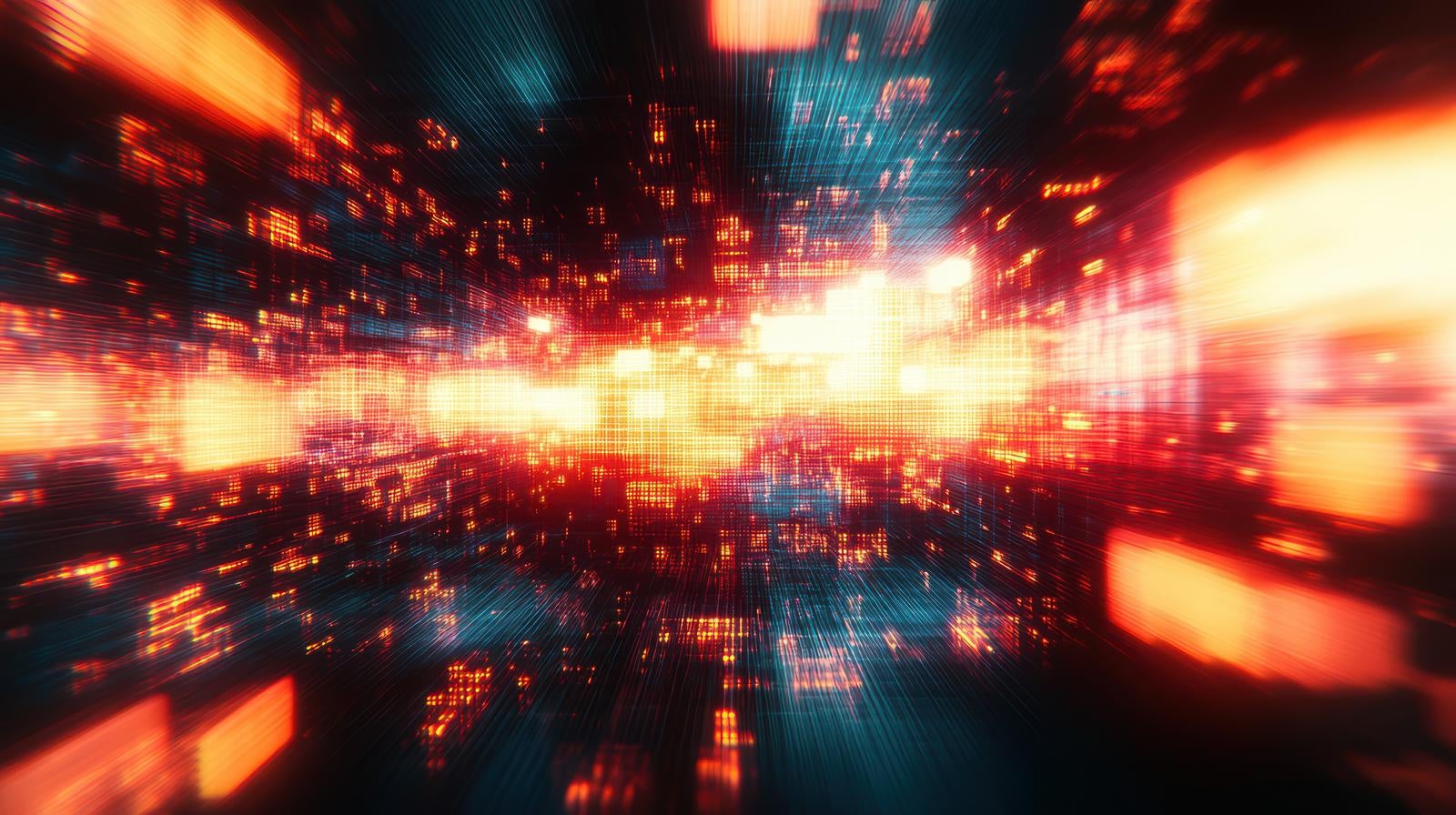 赤と青の光が放射状に広がるサイバー空間のAI画像