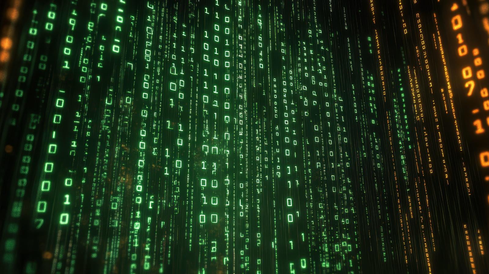 緑とオレンジのバイナリコードが縦に流れるマトリックス風のデジタル空間