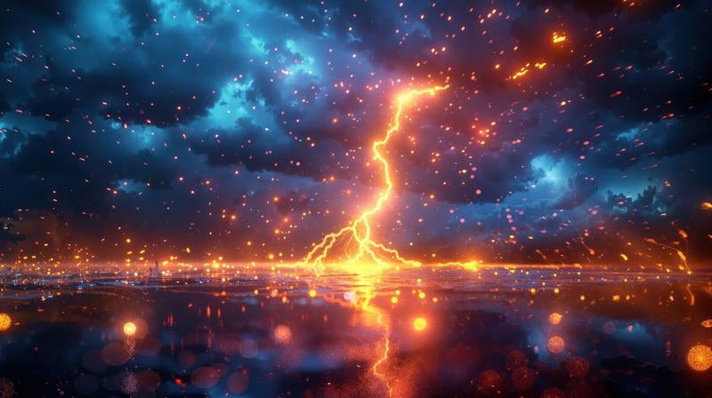 雷が海面を貫く瞬間の写真