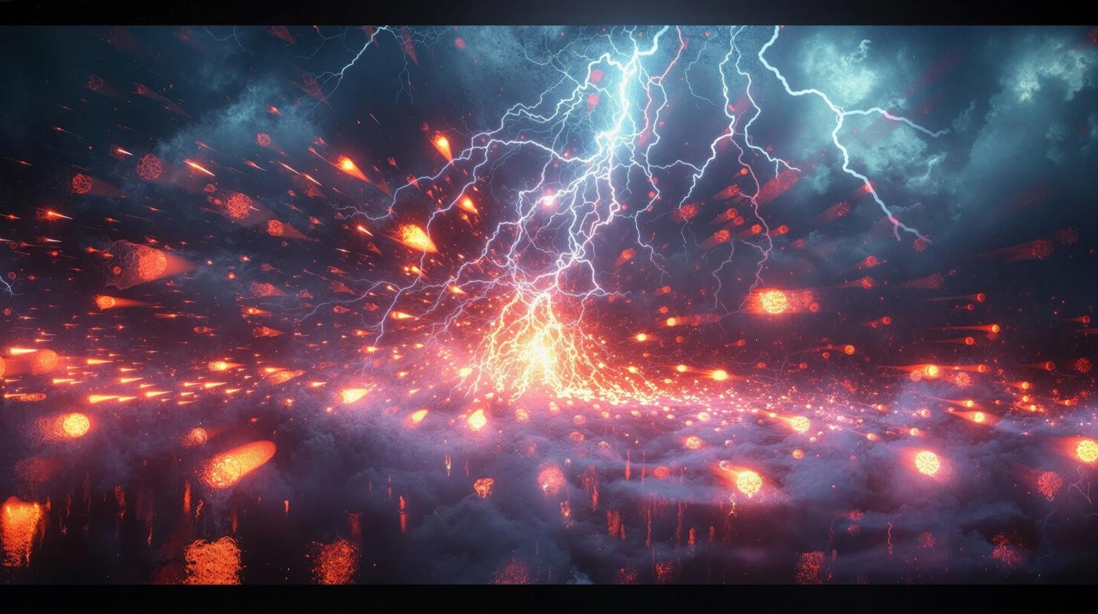 「暗雲を裂く閃光と降り注ぐ火の玉」の写真