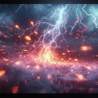 暗雲を裂く閃光と降り注ぐ火の玉の写真