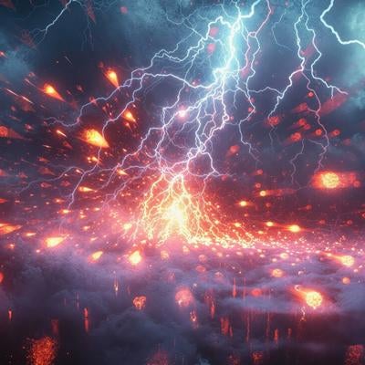暗雲を裂く閃光と降り注ぐ火の玉の写真