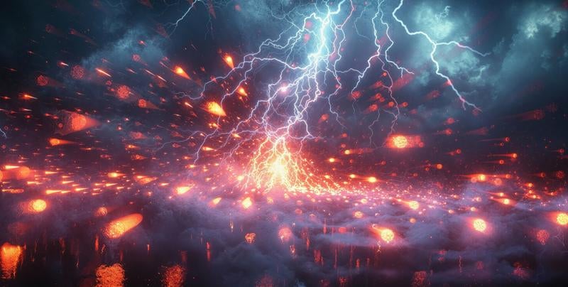 暗雲を裂く閃光と降り注ぐ火の玉の写真