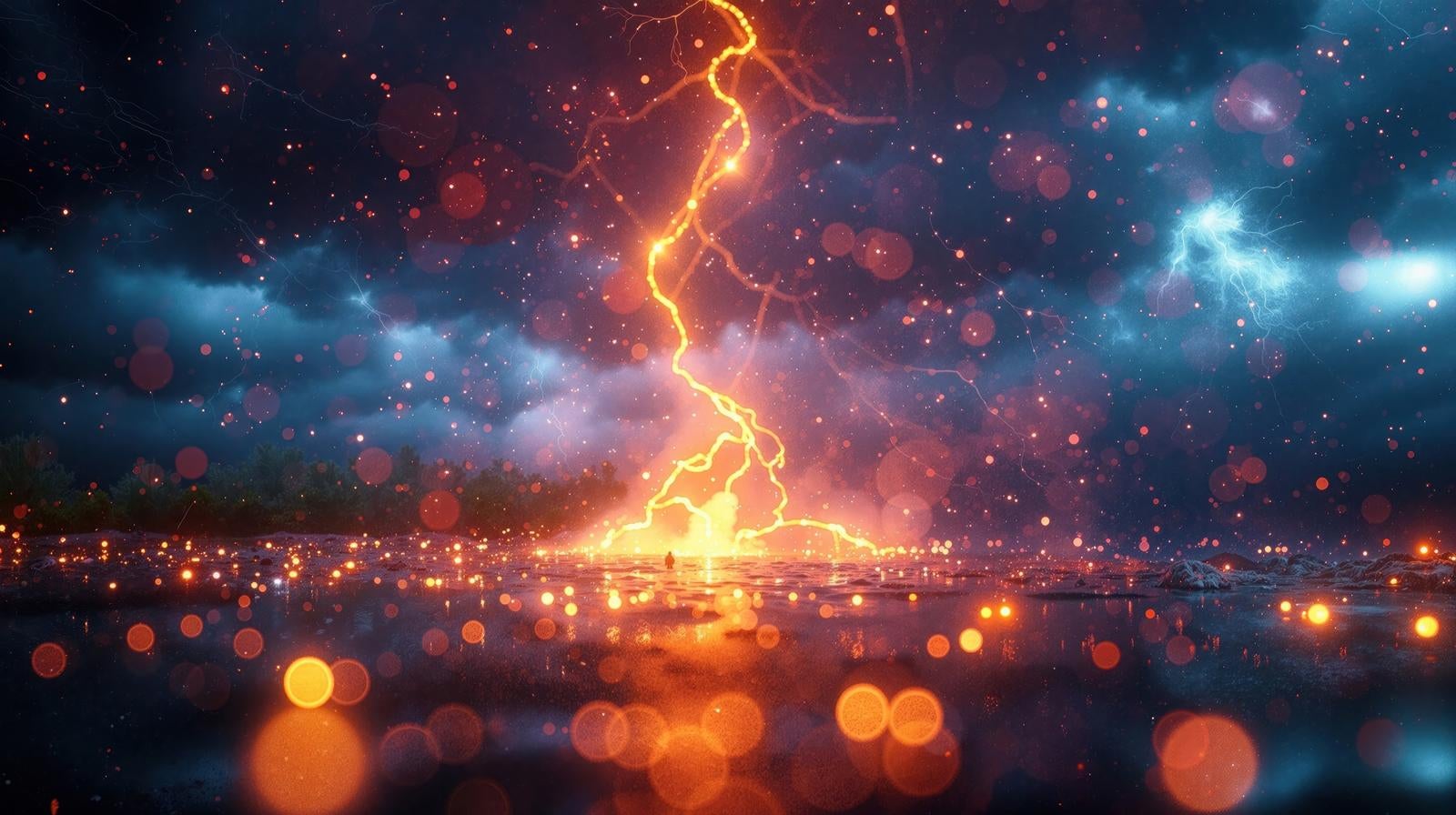 「荒れた海面を照らす強烈な電撃」の写真