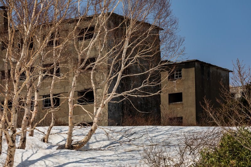 白樺と残雪の廃宿舎の写真