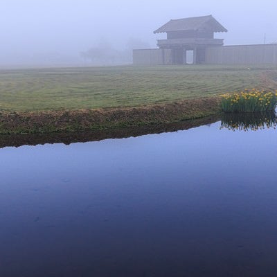 朝霧に包まれる払田の柵（秋田県）の写真