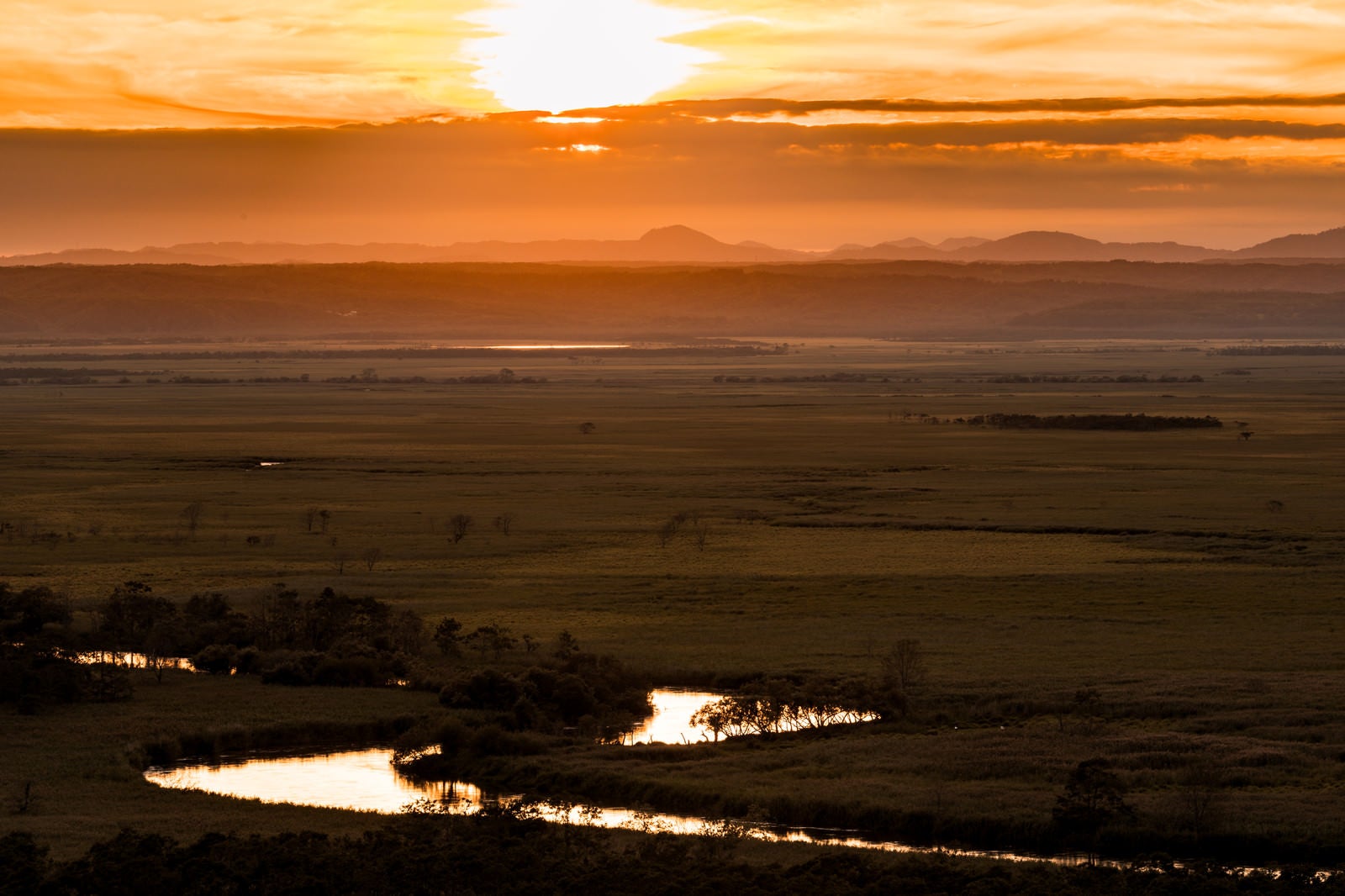 「夕日に照らされた釧路湿原の大パノラマ」の写真