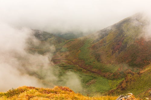 沸き立つ霧に包まれるムーミン谷（駒ヶ岳）の写真