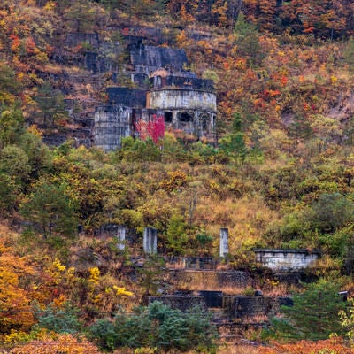 黄葉した山と廃墟（土畑鉱山跡）の写真