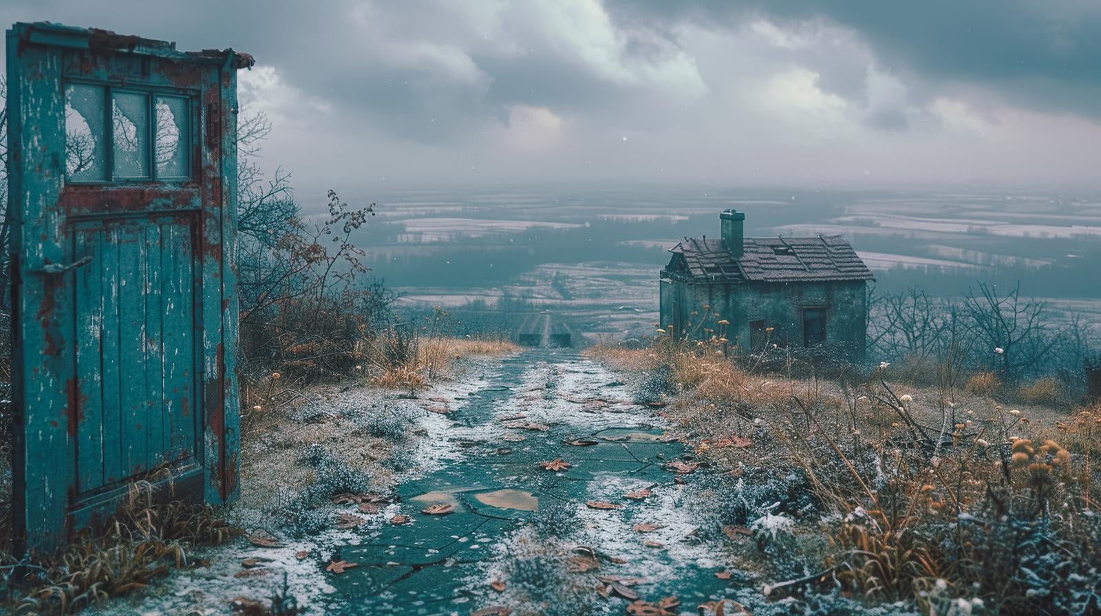 「時が止まった山頂の廃屋と冬の情景」の写真