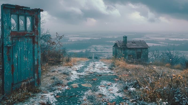 時が止まった山頂の廃屋と冬の情景の写真