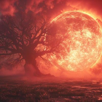 巨大な炎の太陽と巨木の写真