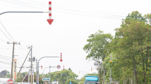 道路に連なる矢印「固定式視線誘導柱」の写真