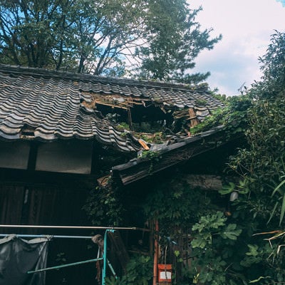 屋根に穴が空き無残に倒壊していく廃屋の写真