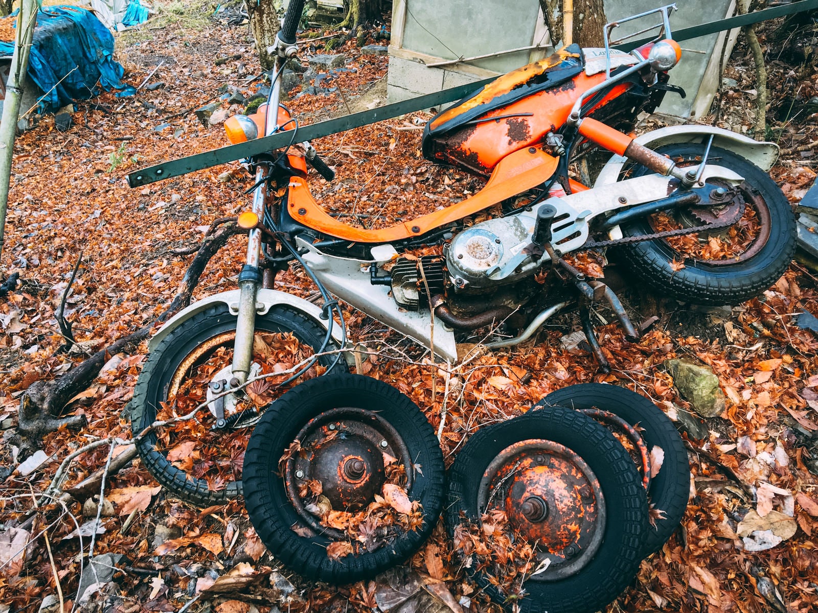 「不法投棄されたバイクと複数のタイヤ」の写真