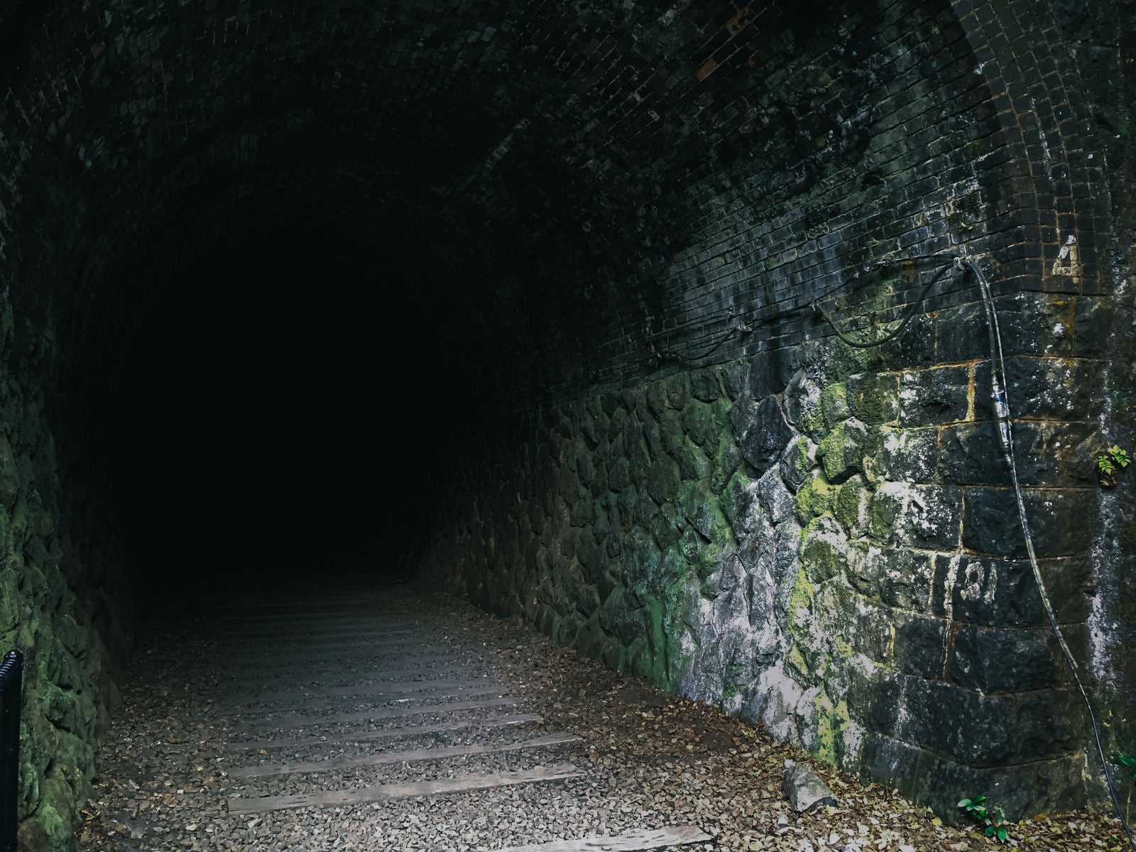 「暗くて先が全く見えないトンネル（JR福知山線廃線敷）」の写真