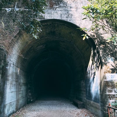 先が全く見えず進むのに躊躇しそうなトンネル（JR福知山線廃線敷）の写真