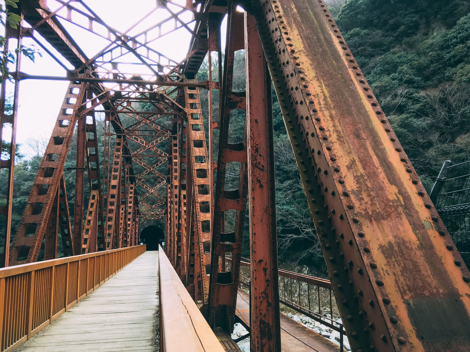 「錆びた鉄道橋渡り先へ進む（JR福知山線廃線敷）」の写真