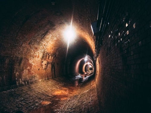 奥から巨大なワニが襲ってきそうな湿ったトンネル内（湊川隧道）の写真