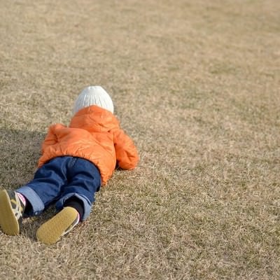 芝に寝転ぶ子供の写真