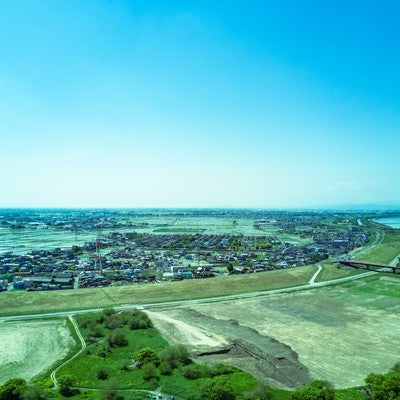 渡良瀬川の河川敷（空撮）の写真