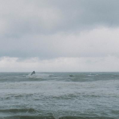 荒れる日本海で波に飲み込まれる岩の写真