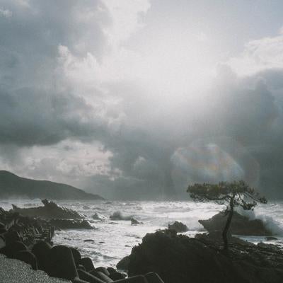 雲間からのぞく太陽に照らされて輝く日本海の写真