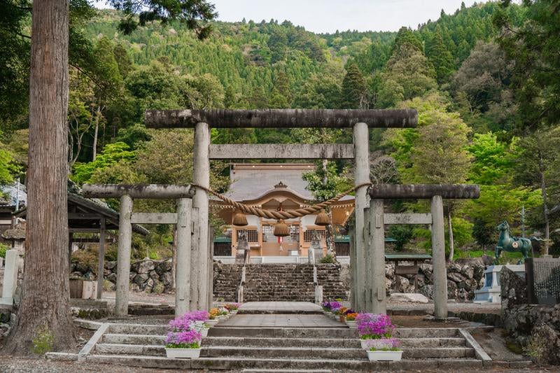 日本でも唯一無二の伊香式鳥居と奥に見える伊香具神社本殿の写真
