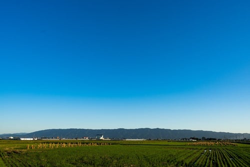 澄んだ青空と大刀洗の農地筑後平野の写真