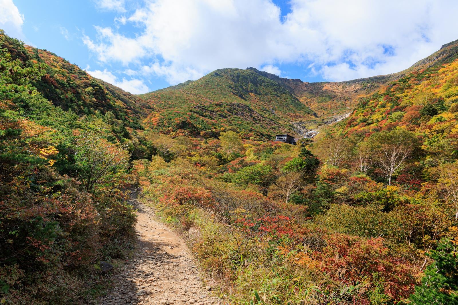 「鉄山から見る安達太良山の秋、登山道沿いの紅葉美」の写真
