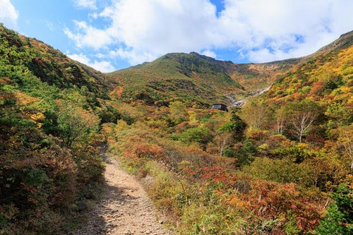 鉄山から見る安達太良山の秋、登山道沿いの紅葉美の写真