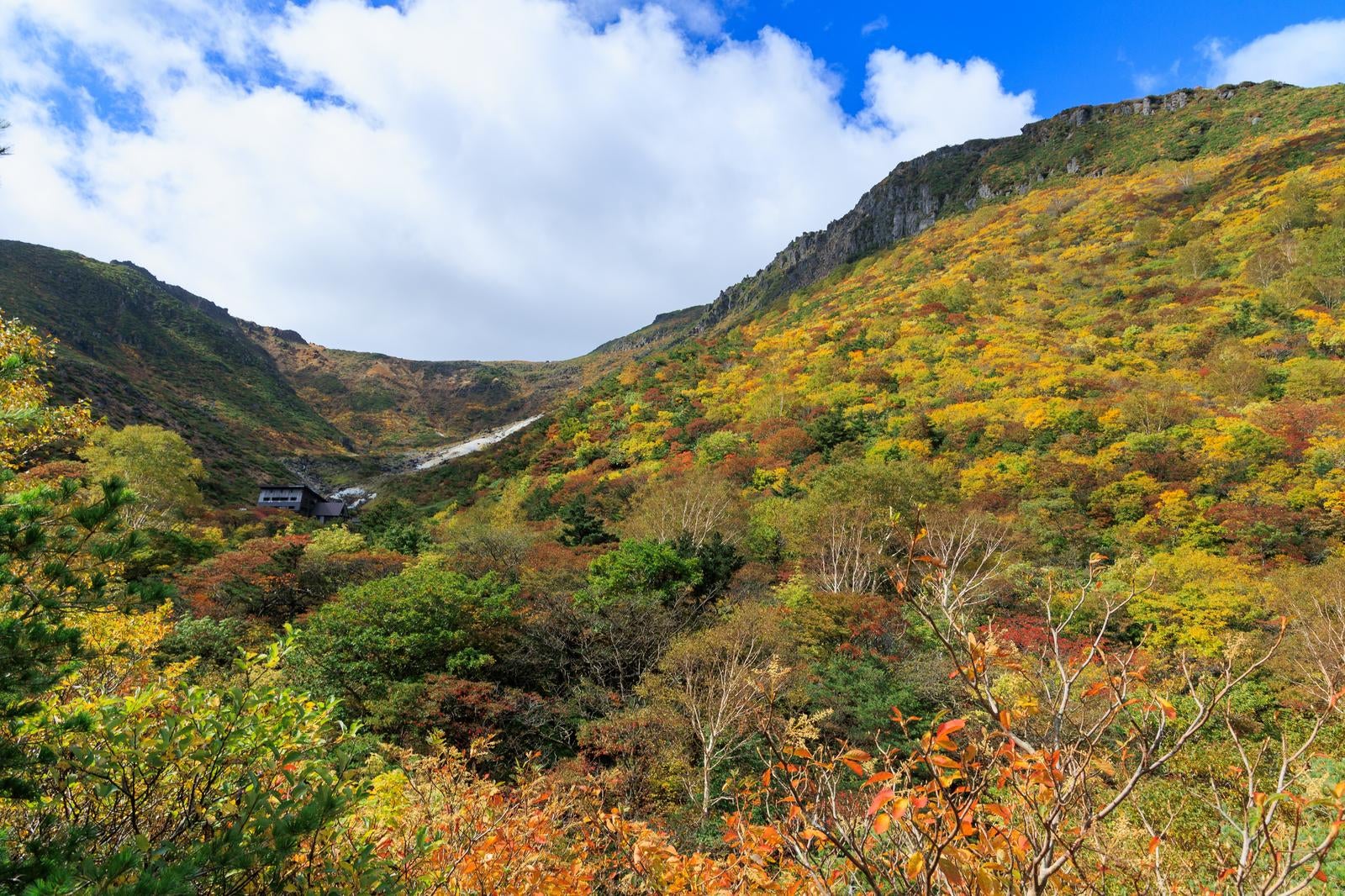 「秋に輝く安達太良山と鉄山、くろがね小屋から紅葉」の写真