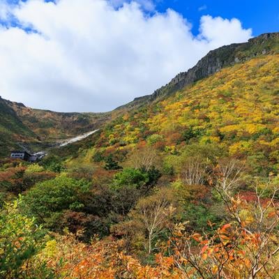 秋に輝く安達太良山と鉄山、くろがね小屋から紅葉の写真