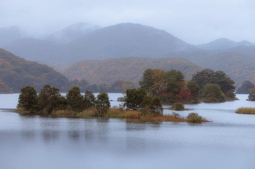 静けさと共に晴れゆく朝霧と秋元湖の湖面での穏やかな朝の写真
