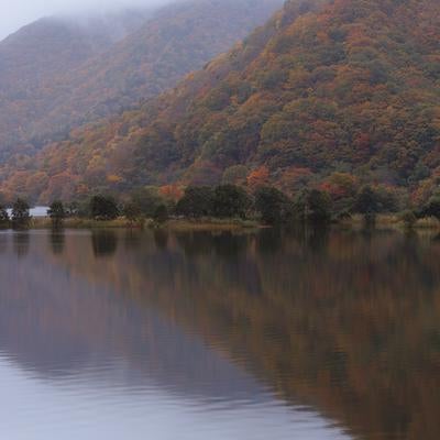 湖面に反射する色付く紅葉、秋元湖で感じる静寂の秋の写真