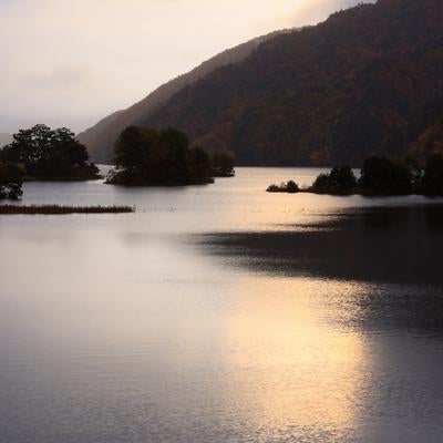 湖面に反映される朝焼けの写真