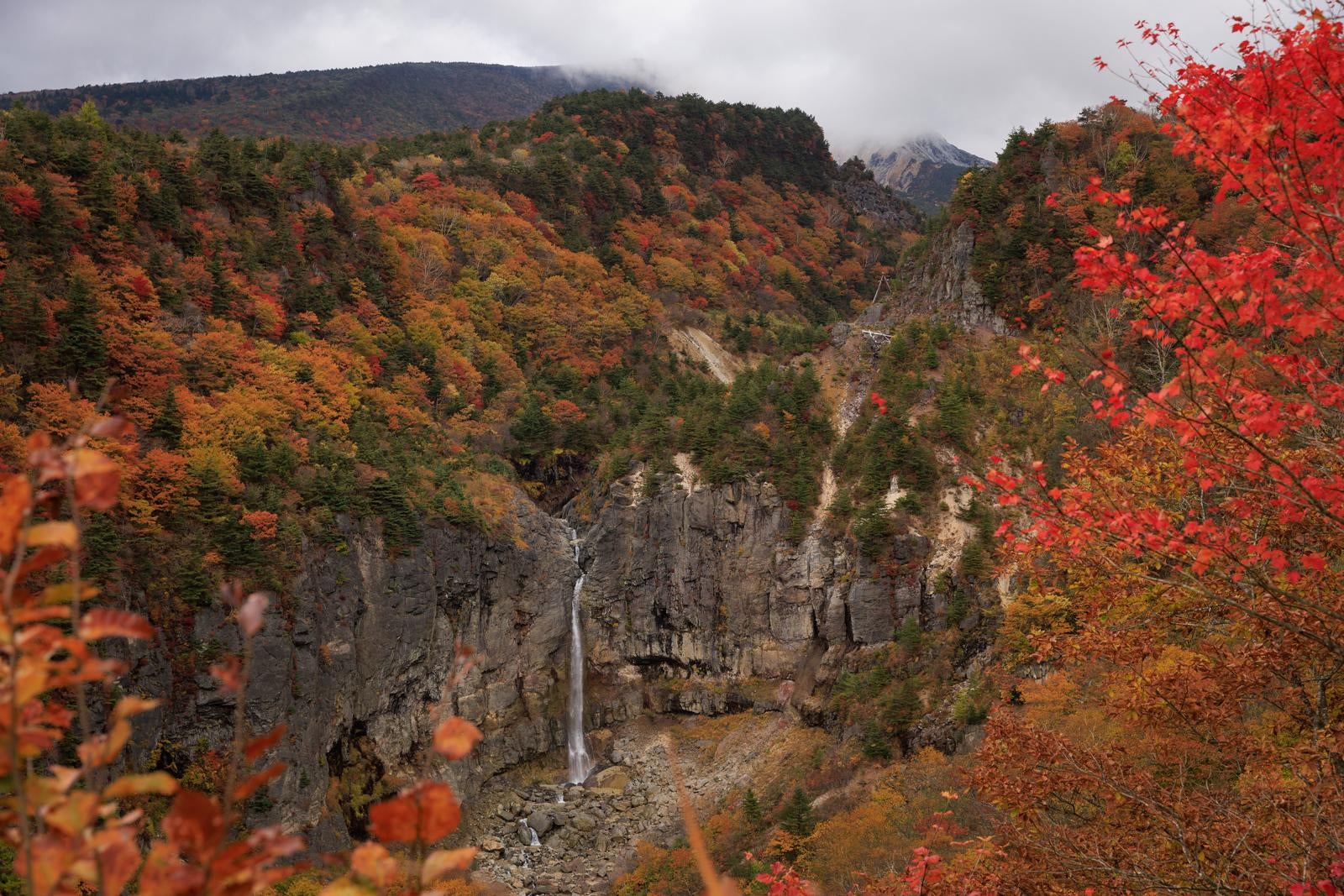 「断壁の秋色が魅せる白糸の滝の紅葉」の写真