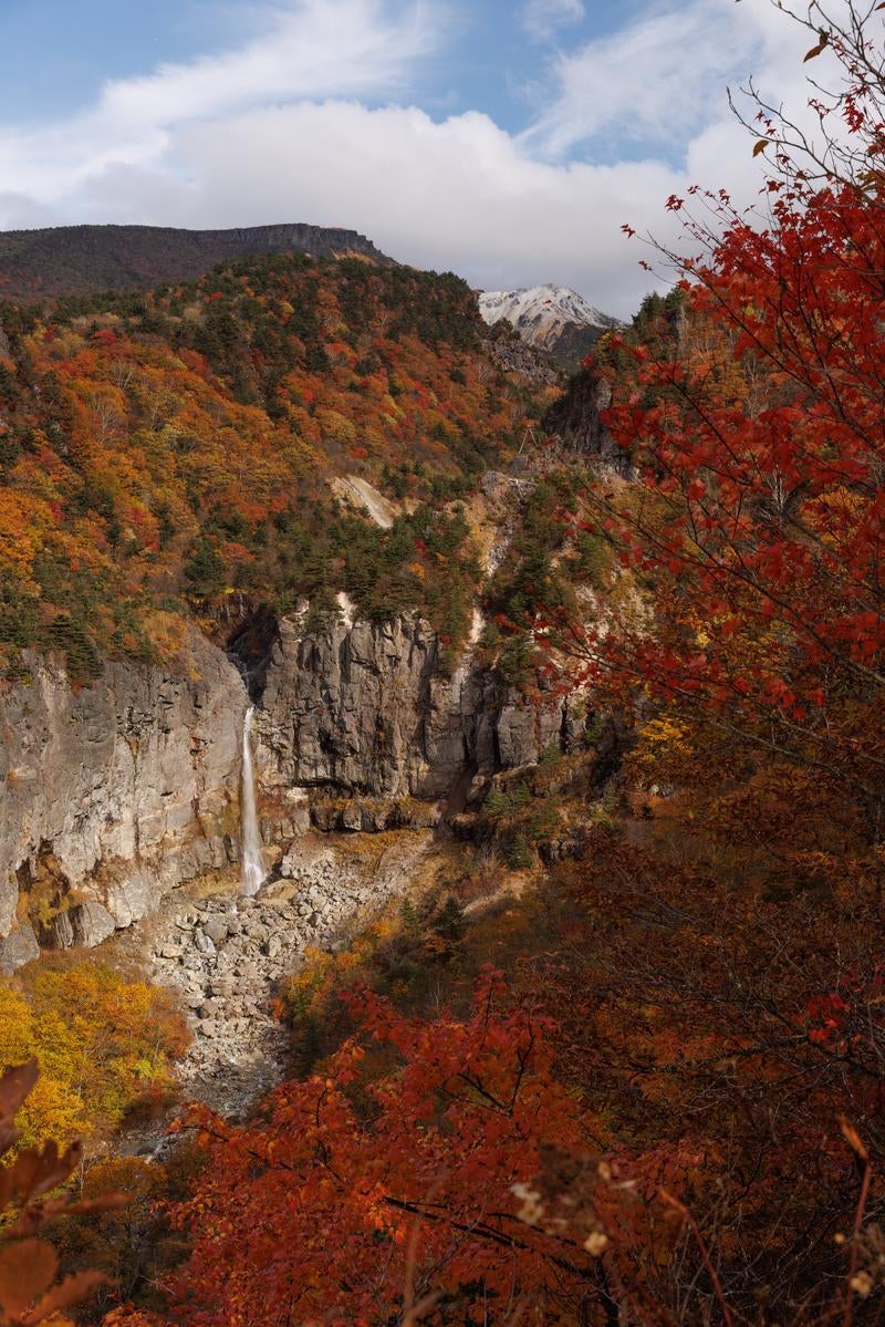 「白糸の滝と断壁の秋」の写真