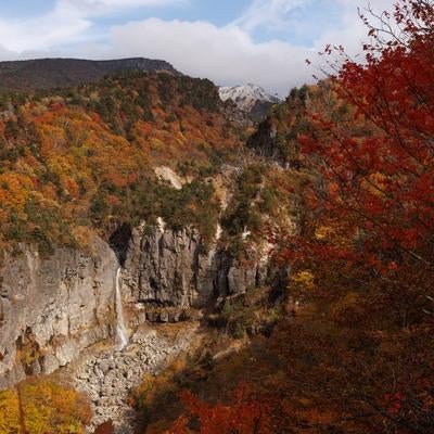 白糸の滝に映える秋の断壁の写真