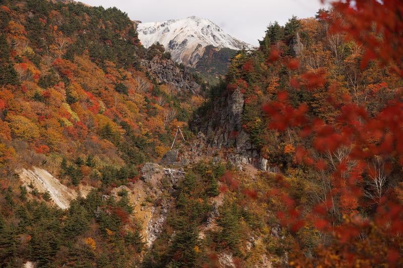 沼尻ルートの紅葉が彩る湯畑周辺の写真