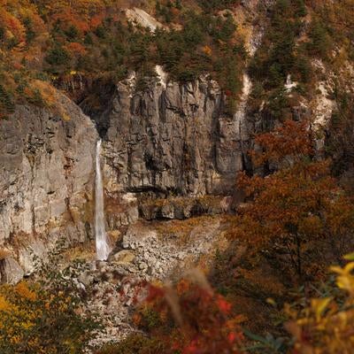白糸の滝の秋、断壁と紅葉の美しい共鳴の写真