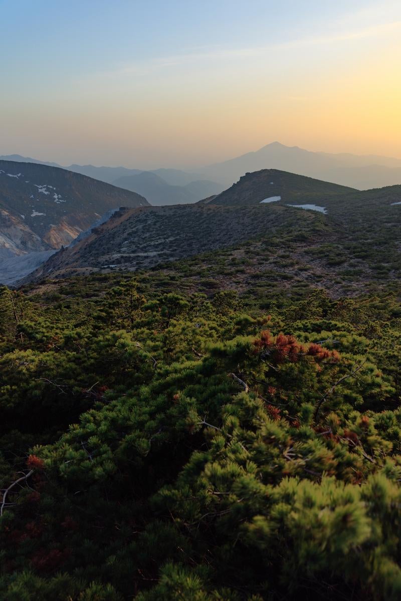 「避難小屋周辺の夕焼けと新緑」の写真